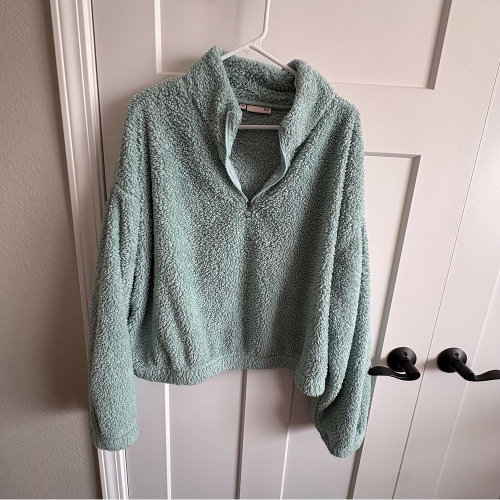 sherpa quarter-zip pullover, SO, cropped fit, long drop shoulder sleeve, plus 1x
